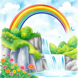 A vibrant and enchanting scene featuring a rainbow arching gracefully over a majestic waterfall, surrounded by lush greenery and colorful flowers