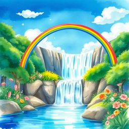 A vibrant and enchanting scene featuring a rainbow arching gracefully over a majestic waterfall, surrounded by lush greenery and colorful flowers