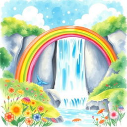 A vibrant and enchanting scene featuring a rainbow arching gracefully over a majestic waterfall, surrounded by lush greenery and colorful flowers