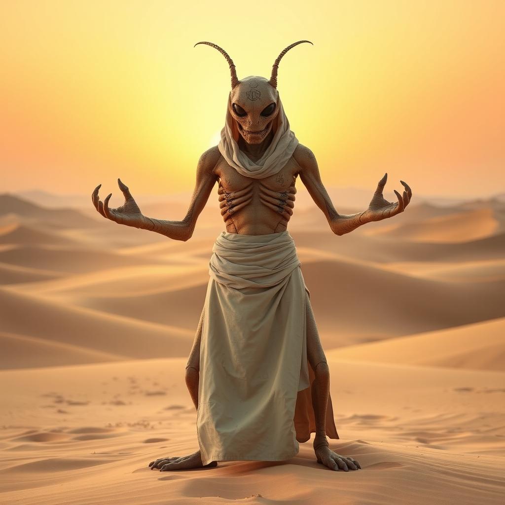 A Thri-Kreen monk with a humanoid, insectoid appearance stands in a meditative pose in the middle of a vast desert landscape, surrounded by rolling sand dunes