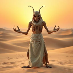 A Thri-Kreen monk with a humanoid, insectoid appearance stands in a meditative pose in the middle of a vast desert landscape, surrounded by rolling sand dunes