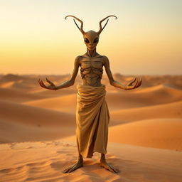 A Thri-Kreen monk with a humanoid, insectoid appearance stands in a meditative pose in the middle of a vast desert landscape, surrounded by rolling sand dunes