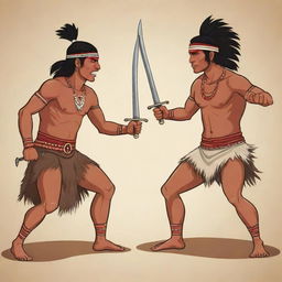 Two brave indigenous men engaged in a sword fight drawn in a cartoon style.