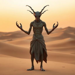 A Thri-Kreen monk with a humanoid, insectoid appearance stands in a meditative pose in the middle of a vast desert landscape, surrounded by rolling sand dunes