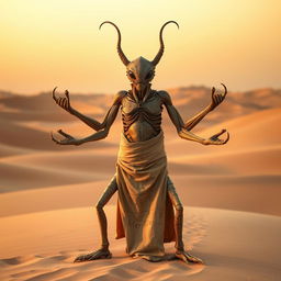 A Thri-Kreen monk with a humanoid, insectoid appearance stands in a meditative pose in the middle of a vast desert landscape, surrounded by rolling sand dunes