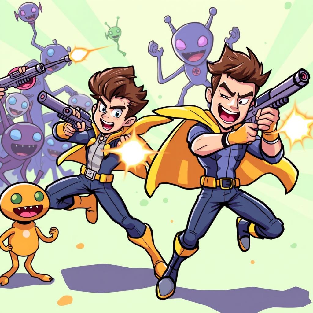 Two heroic male characters in a vibrant and colorful cartoon style, energetically shooting at a group of quirky alien invaders