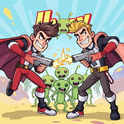 Two heroic male characters in a vibrant and colorful cartoon style, energetically shooting at a group of quirky alien invaders