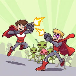 Two heroic male characters in a vibrant and colorful cartoon style, energetically shooting at a group of quirky alien invaders