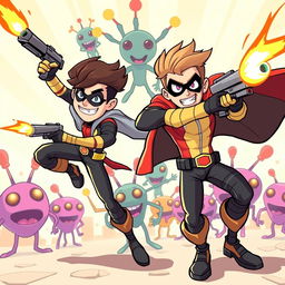 Two heroic male characters in a vibrant and colorful cartoon style, energetically shooting at a group of quirky alien invaders