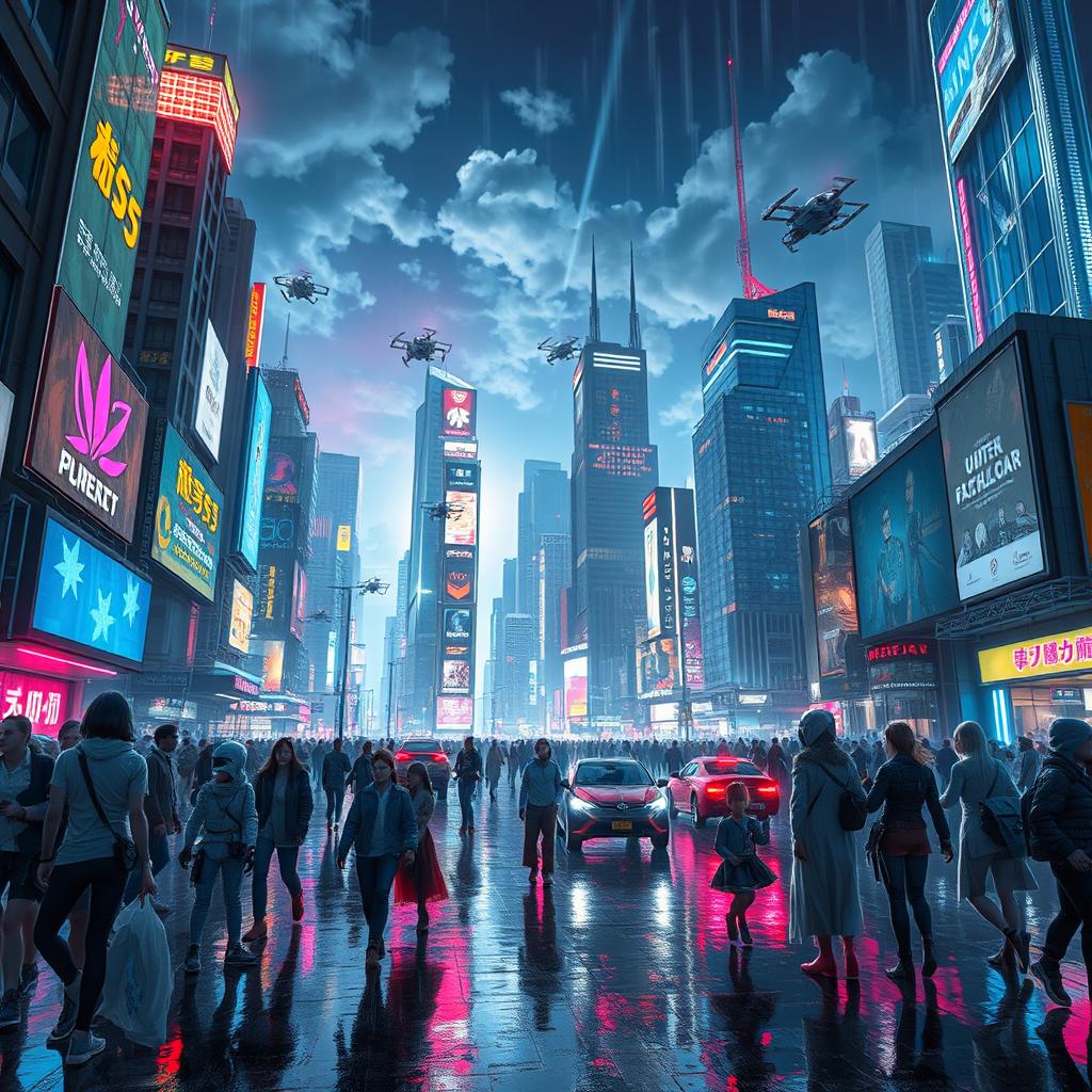 A stunning cyberpunk cityscape at night, brimming with vibrant neon lights, towering skyscrapers with holographic advertisements, and flying vehicles zipping through the scene