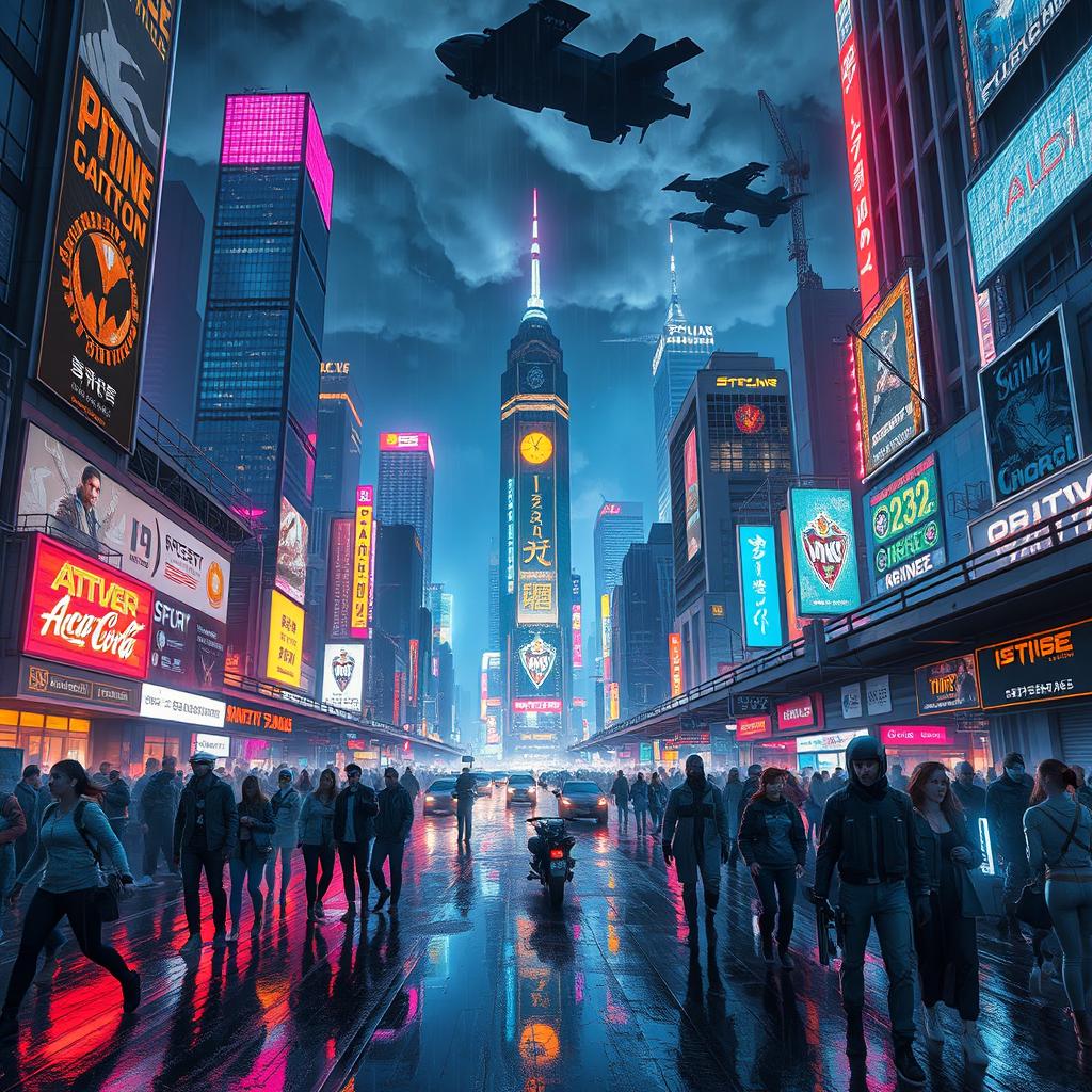 A stunning cyberpunk cityscape at night, brimming with vibrant neon lights, towering skyscrapers with holographic advertisements, and flying vehicles zipping through the scene