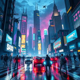 A stunning cyberpunk cityscape at night, brimming with vibrant neon lights, towering skyscrapers with holographic advertisements, and flying vehicles zipping through the scene