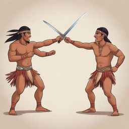 Two brave indigenous men engaged in a sword fight drawn in a cartoon style.