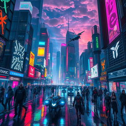 A stunning cyberpunk cityscape at night, brimming with vibrant neon lights, towering skyscrapers with holographic advertisements, and flying vehicles zipping through the scene