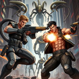 Two heroic male figures in dynamic action poses, fiercely shooting at invading aliens