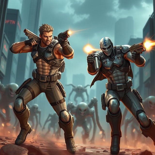 Two heroic male figures in dynamic action poses, fiercely shooting at invading aliens