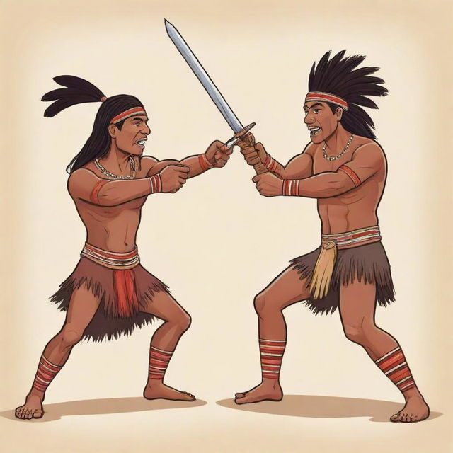 Two brave indigenous men engaged in a sword fight drawn in a cartoon style.