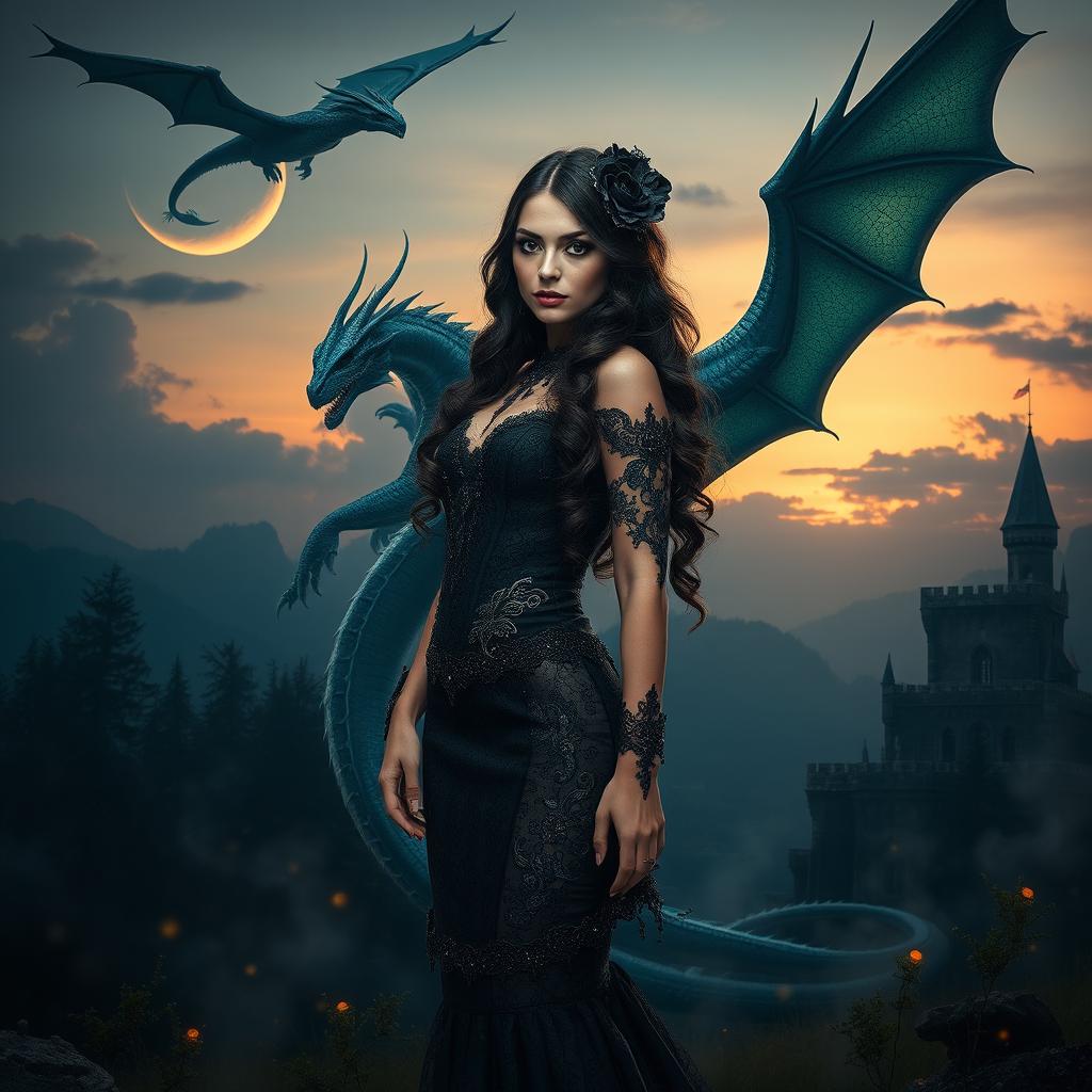 An enchanting fantasy scene combining gothic and sexy elements featuring a striking girl and majestic dragons