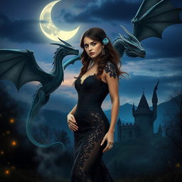 An enchanting fantasy scene combining gothic and sexy elements featuring a striking girl and majestic dragons