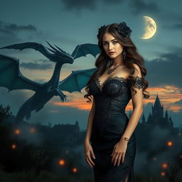 An enchanting fantasy scene combining gothic and sexy elements featuring a striking girl and majestic dragons