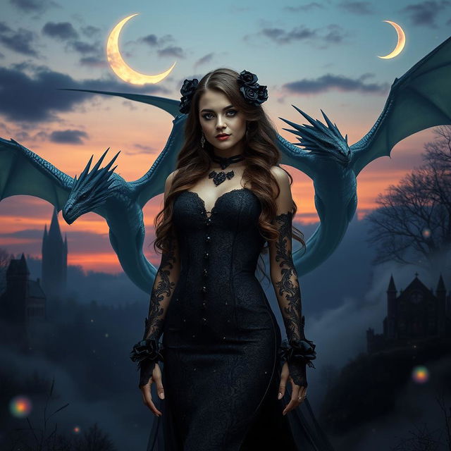 An enchanting fantasy scene combining gothic and sexy elements featuring a striking girl and majestic dragons