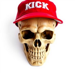 A detailed skull wearing a vibrant red baseball cap prominently displaying the word "KICK" in bold white letters on the front