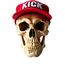 A detailed skull wearing a vibrant red baseball cap prominently displaying the word "KICK" in bold white letters on the front