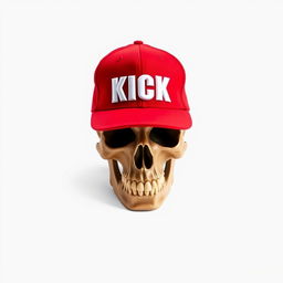 A detailed skull wearing a vibrant red baseball cap prominently displaying the word "KICK" in bold white letters on the front