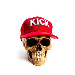 A detailed skull wearing a vibrant red baseball cap prominently displaying the word "KICK" in bold white letters on the front