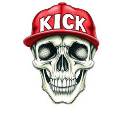 A colored pencil drawing of a detailed skull wearing a bright red baseball cap that features the word "KICK" in bold white letters on the front