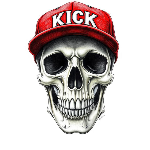 A colored pencil drawing of a detailed skull wearing a bright red baseball cap that features the word "KICK" in bold white letters on the front