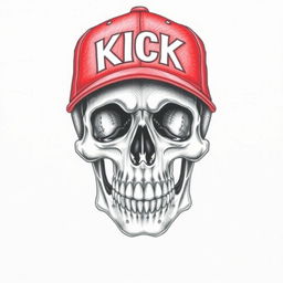 A colored pencil drawing of a detailed skull wearing a bright red baseball cap that features the word "KICK" in bold white letters on the front