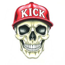 A colored pencil drawing of a detailed skull wearing a bright red baseball cap that features the word "KICK" in bold white letters on the front