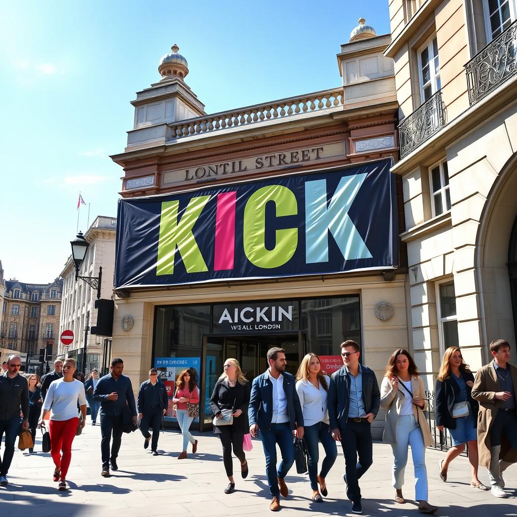 A vibrant and colorful banner spelling the word "KICK" displayed prominently on a historic London Wall Street structure, with classic architectural features in the background