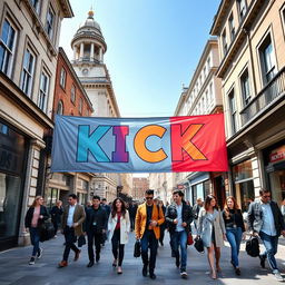 A vibrant and colorful banner spelling the word "KICK" displayed prominently on a historic London Wall Street structure, with classic architectural features in the background