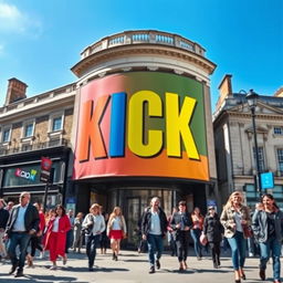 A vibrant and colorful banner spelling the word "KICK" displayed prominently on a historic London Wall Street structure, with classic architectural features in the background