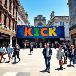 A vibrant and colorful banner spelling the word "KICK" displayed prominently on a historic London Wall Street structure, with classic architectural features in the background