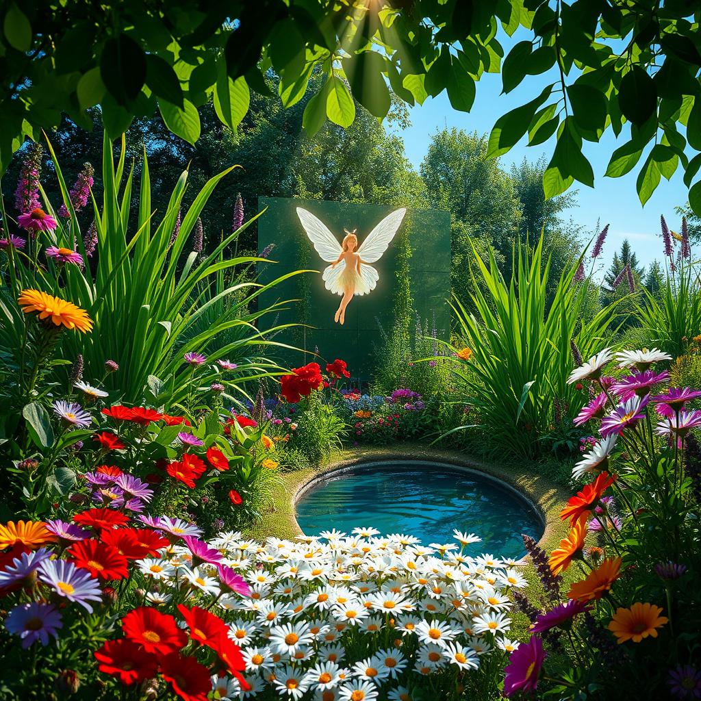 A vibrant and lush garden filled with a variety of colorful flowers, tall green plants, and a serene pond reflecting the blue sky