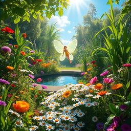 A vibrant and lush garden filled with a variety of colorful flowers, tall green plants, and a serene pond reflecting the blue sky