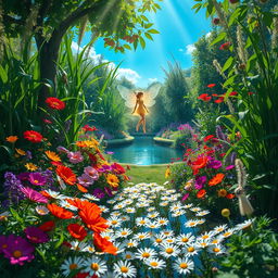 A vibrant and lush garden filled with a variety of colorful flowers, tall green plants, and a serene pond reflecting the blue sky