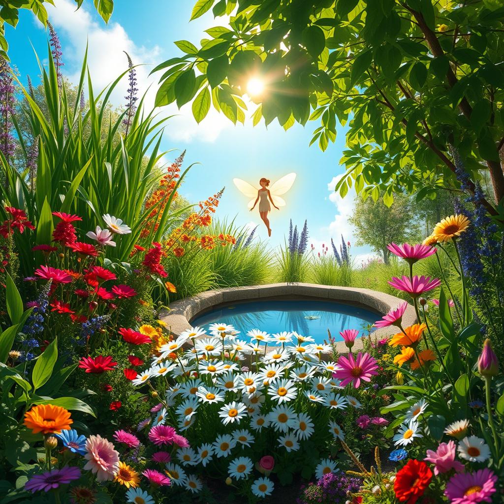 A vibrant and lush garden filled with a variety of colorful flowers, tall green plants, and a serene pond reflecting the blue sky