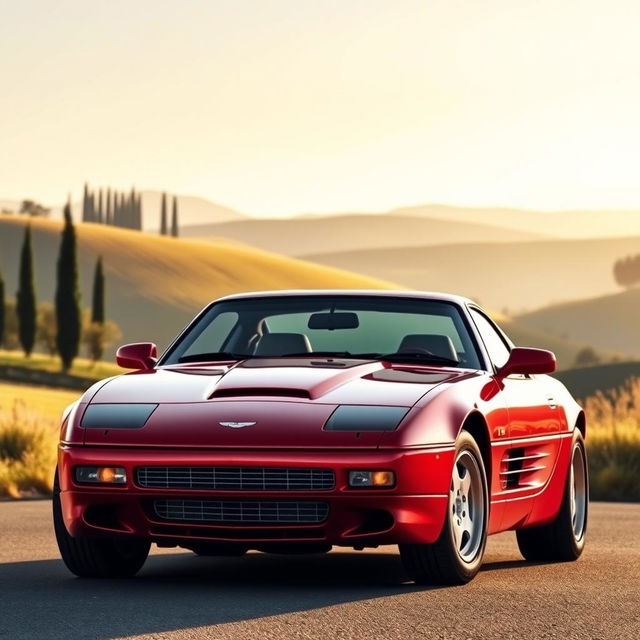 A 1990s Italian sports car design inspired by the Aston Martin Vantage 1998, showcasing sleek lines and an elegant silhouette