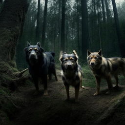 Several dogs with mean expressions, textured fur, and sharp eyes standing alert in the midst of a dense forest.