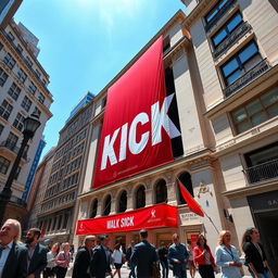 A striking red banner featuring large white letters spelling "KICK" prominently displayed on an iconic American Wall Street building, showcasing classic architecture