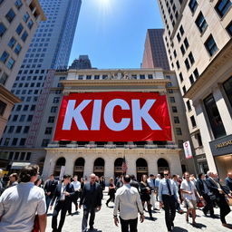 A striking red banner featuring large white letters spelling "KICK" prominently displayed on an iconic American Wall Street building, showcasing classic architecture