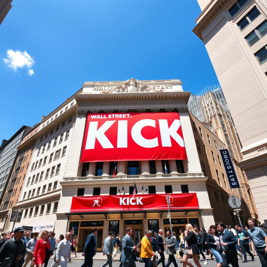 A striking red banner featuring large white letters spelling "KICK" prominently displayed on an iconic American Wall Street building, showcasing classic architecture