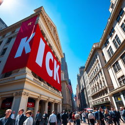 A striking red banner featuring large white letters spelling "KICK" prominently displayed on an iconic American Wall Street building, showcasing classic architecture