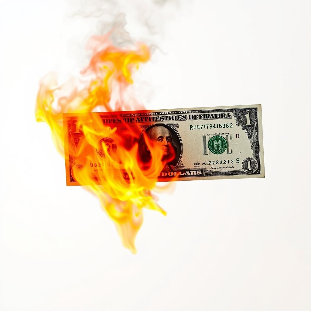 A dramatic full view of a flaming dollar bill, with vibrant orange and red flames engulfing the bill against a stark white background