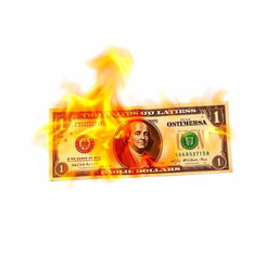 A dramatic full view of a flaming dollar bill, with vibrant orange and red flames engulfing the bill against a stark white background