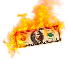 A dramatic full view of a flaming dollar bill, with vibrant orange and red flames engulfing the bill against a stark white background